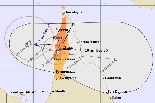 A tracking map of a tropical low currently in the Gulf of Carpentaria which is forecast to intensify into a cyclone.