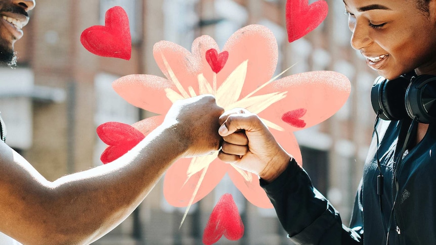 Man and woman fist pumping with illustrated hearts coming from their fists to depict being friends with an ex.