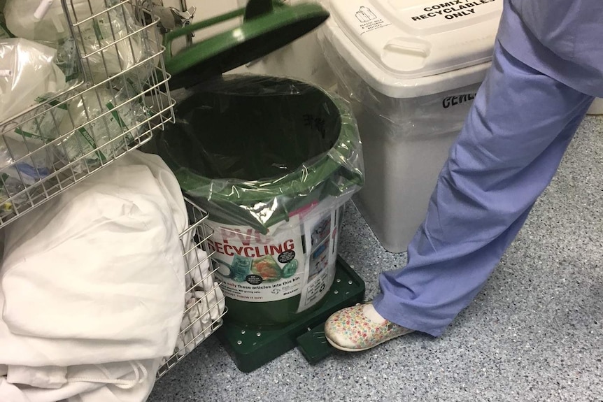 A bin for face masks and cords to be recycled in a hospital after surgery.