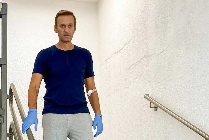 Russian opposition figure Alexei Navalny walks down stairs.