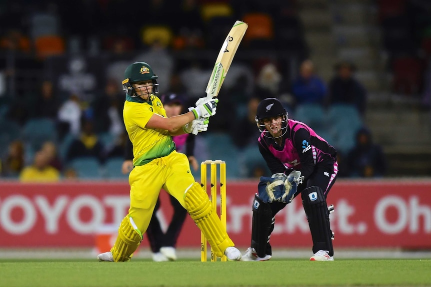 Australia's Alyssa Healy makes a pull shot against NZ