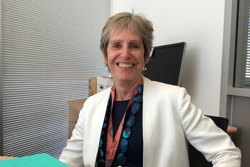 Latrobe Valley Authority chief executive Karen Cain sits behind a desk with some papers