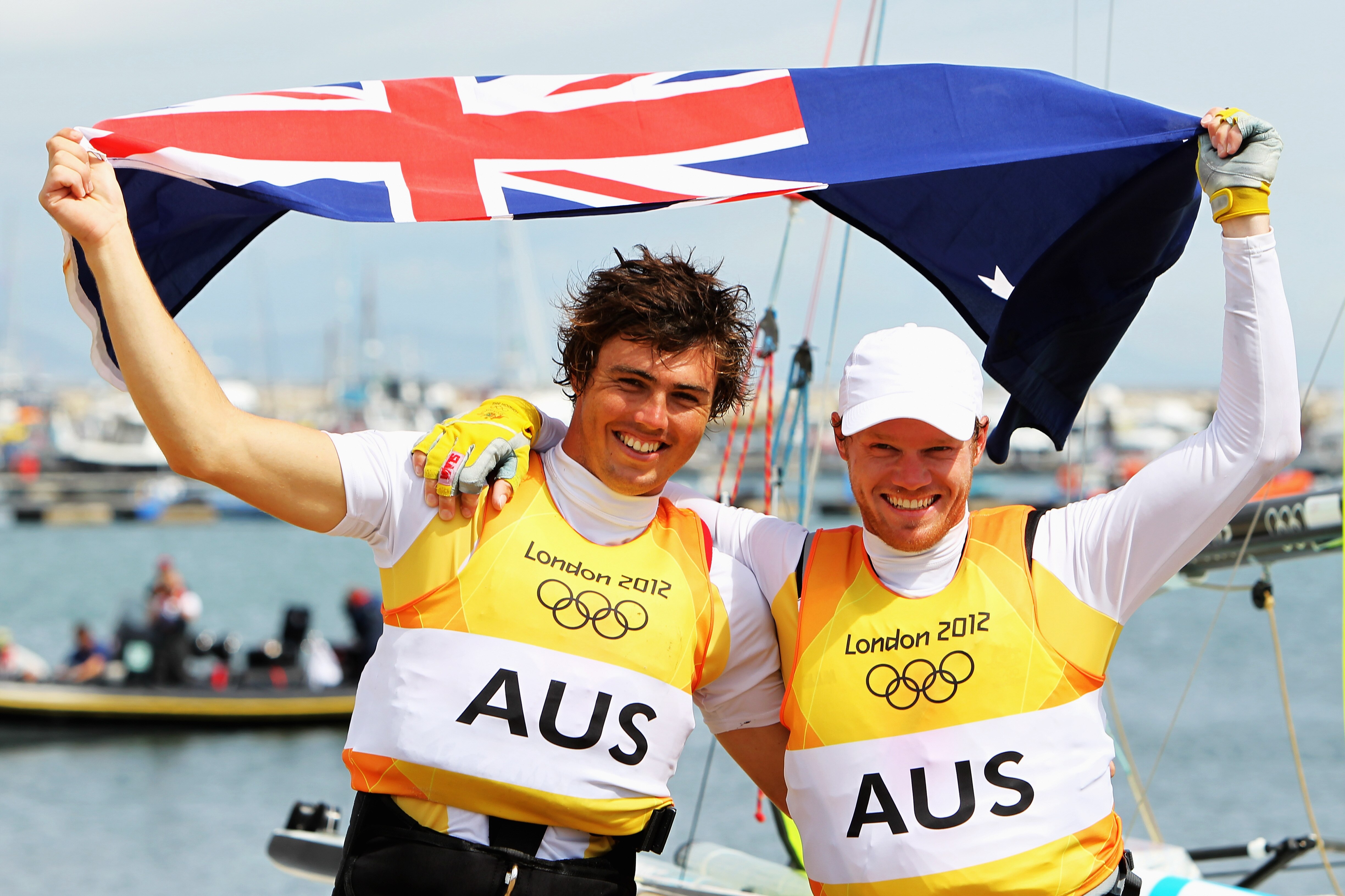 Iain Jensen and Nathan Outteridge celebrate winning 49er gold