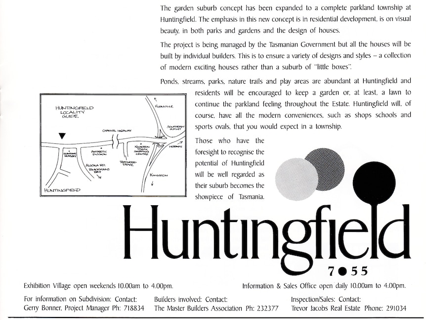 A black and white brochure of the Huntingfield development in southern Tasmania from the 1990s.