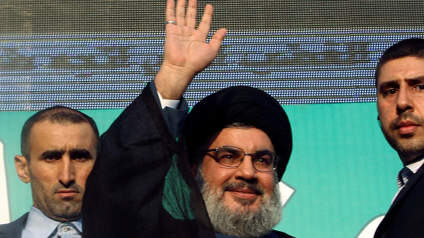 Sayyed Hassan Nasrallah addresses his supporters during a public appearance at an anti-US protest.