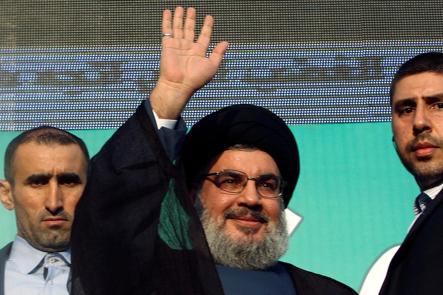 Sayyed Hassan Nasrallah addresses his supporters during a public appearance at an anti-US protest.