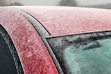 Ice on a car windshield on a foggy morning.