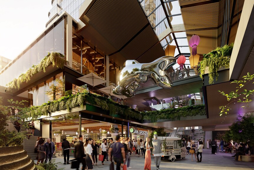 A concept photo of new Chinatown in Box Hill showing a huge open retail space with people walking around.