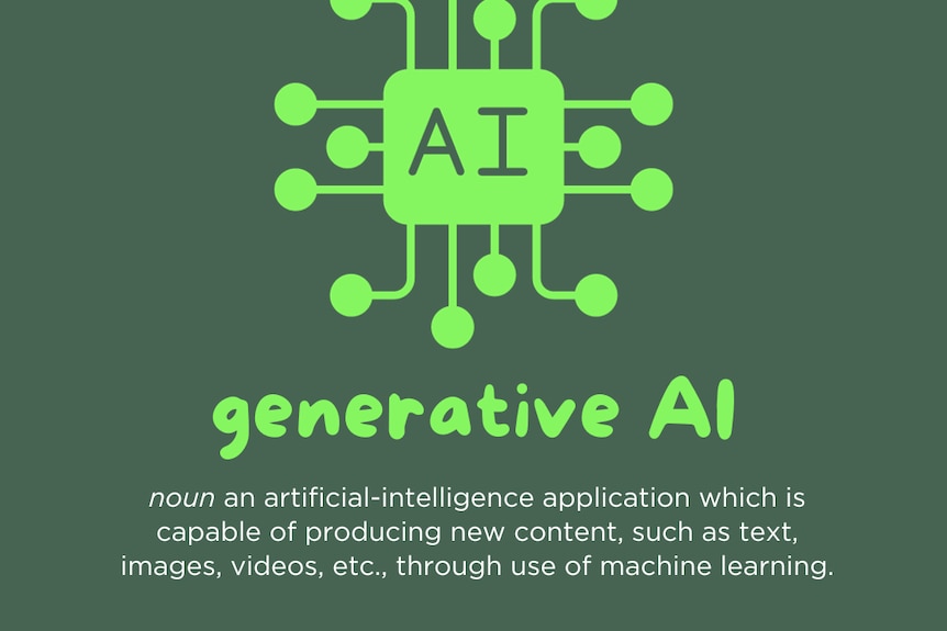 An image that defines the term generative AI with green writing and a tech type symbol