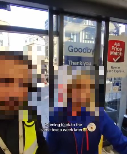 A pixelated screenshot of two security guards at a supermarket