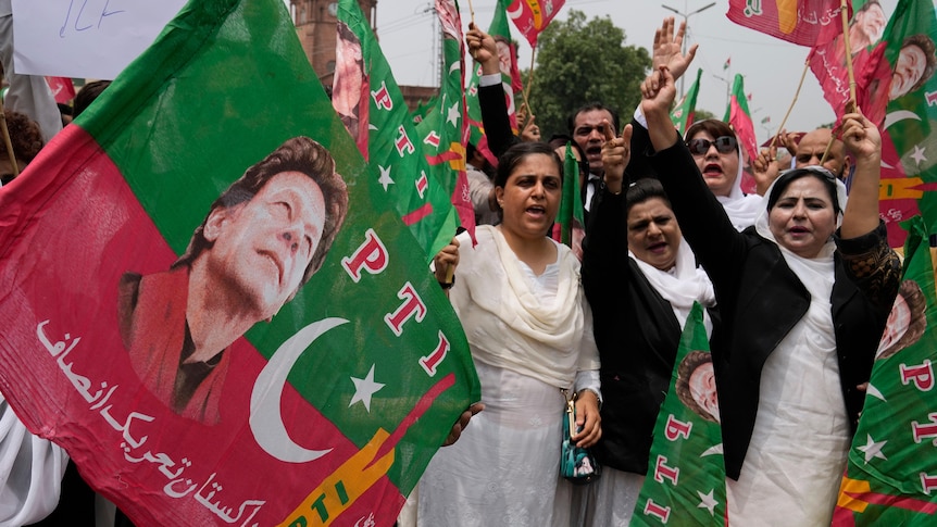 Lawyers, who support Pakistan's former Prime Minister Imran Khan, hold a protest against Khan's imprisonment.