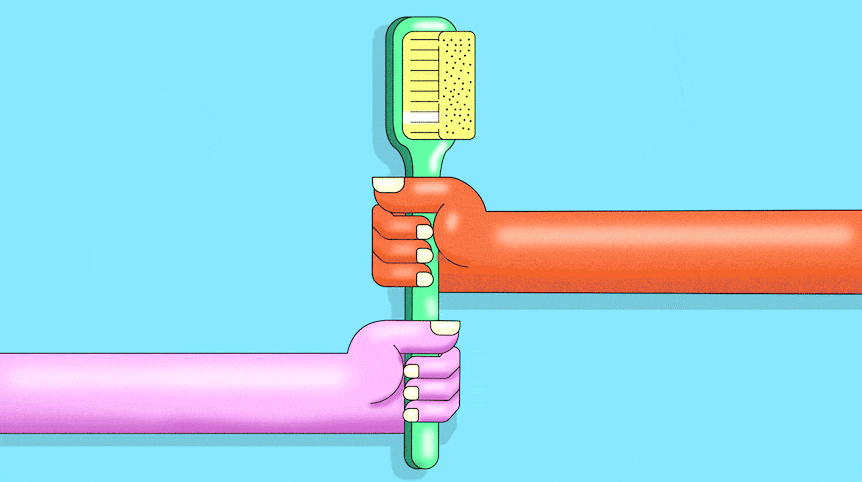 GIF shows two hands tugging on the one toothbrush