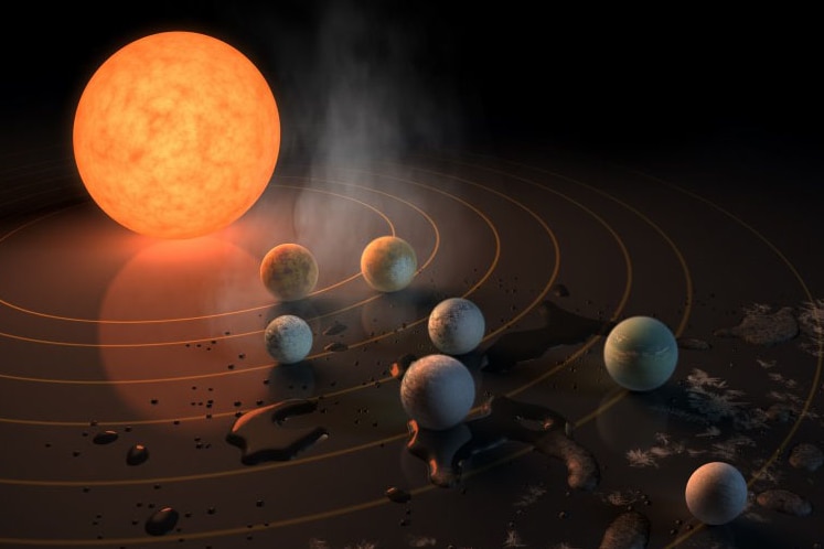 Artist's impression of TRAPPIST-1 with seven planets