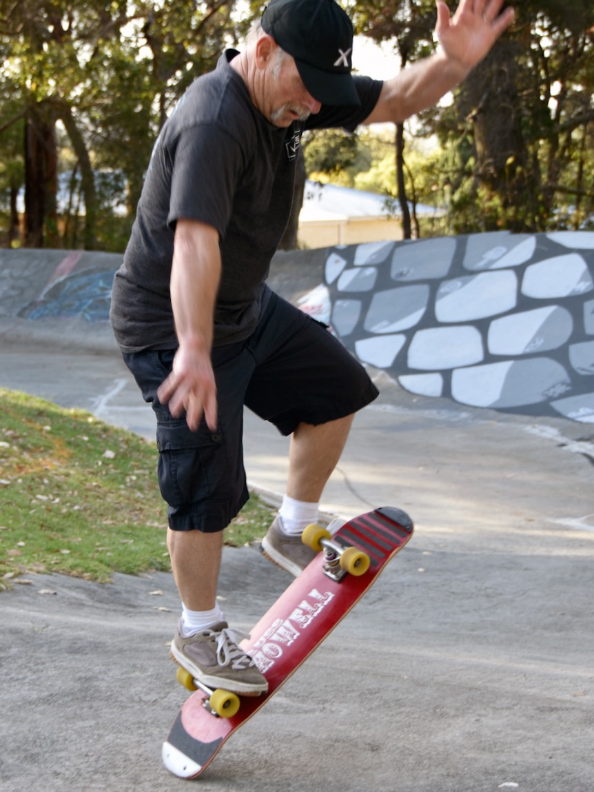 US skateboarding pioneer Russ Howell doing a trick.