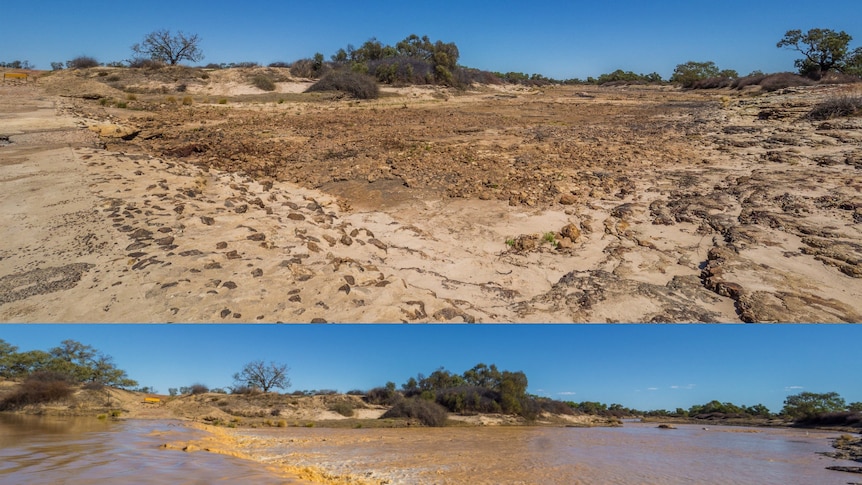 Two photos of the Diamantina River, just 24 hours apart. The first is a dry creek bed, the second shows floodwater.