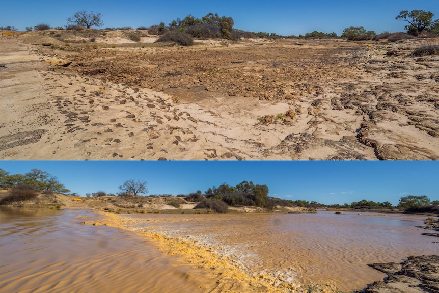 Two photos of the Diamantina River, just 24 hours apart. The first is a dry creek bed, the second shows floodwater.