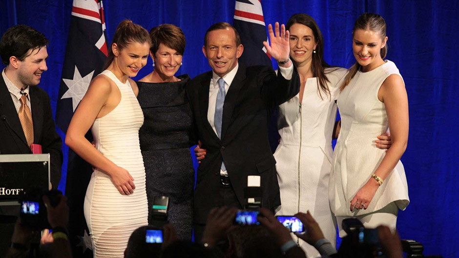 Tony Abbott celebrates with his wife Margie and their daughters after his victory in the federal election in September 2013.