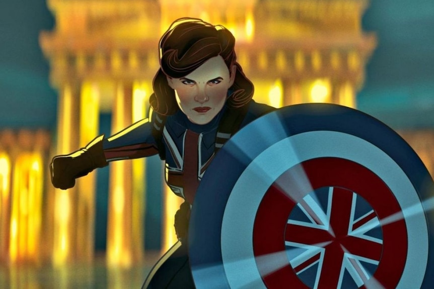 A cartoon woman wielding a Union Jack-emblazoned shield prepares to punch.