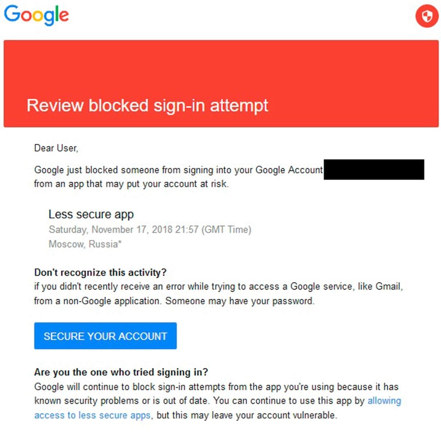A phishing message mimic's a security alert