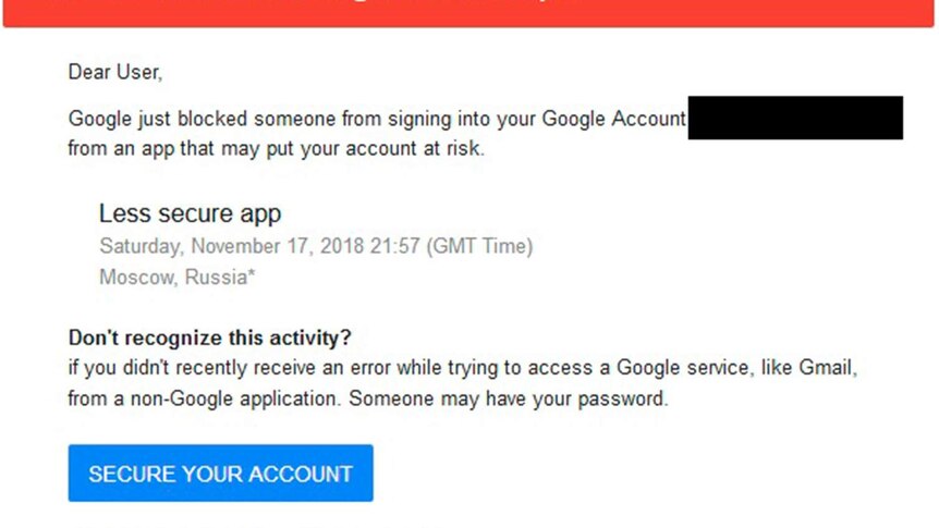 A phishing message mimic's a security alert