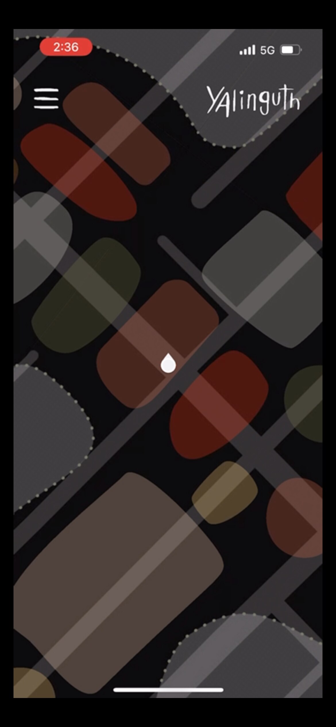 An artistic display of a street map, with a white drop indicating the user's location and large bubbles to mark story zones.