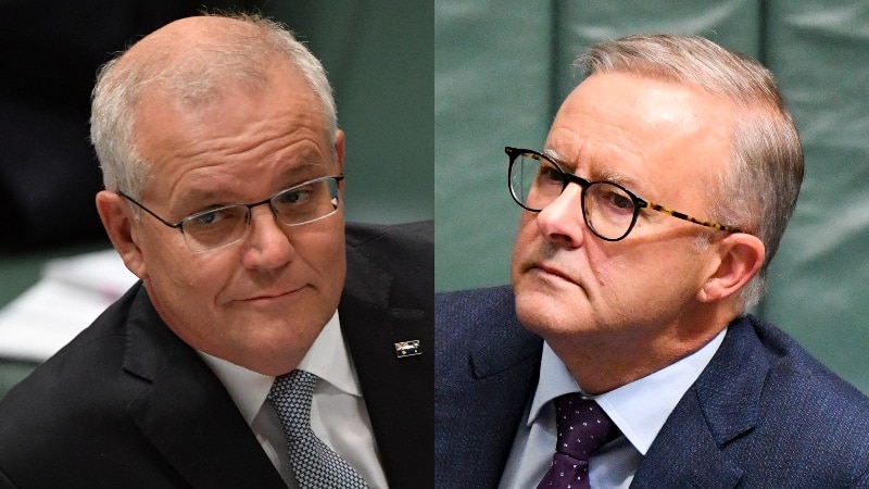 A composite image of prime minister scott morrison left and opposition anthony albanese right