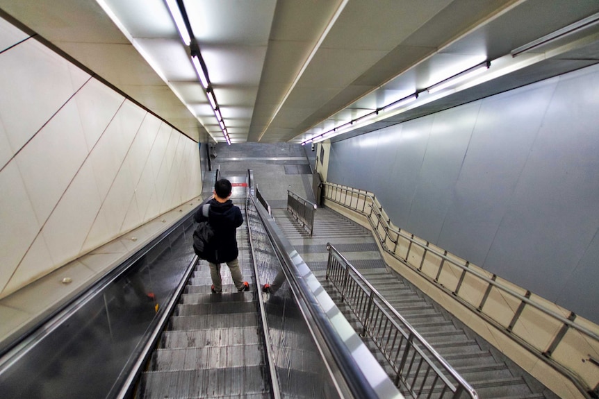A man stands alone on an otherwise empty escalator.