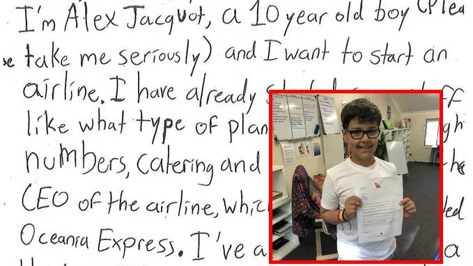 A hand-written letter to Qantas CEO Alan Joyce with an inset image of a boy holding Joyce's response.
