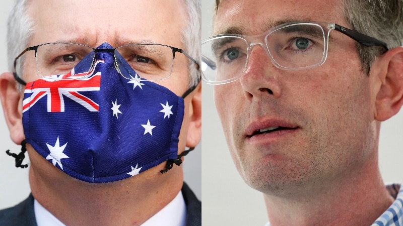 Composite image of Scott Morrison in a mask and Dominic Perrottet