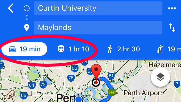 Google map image showing route between Curtin University and Maylands.