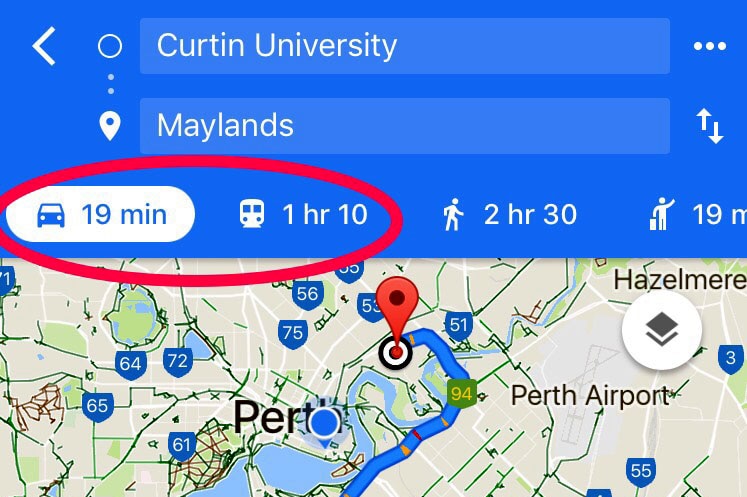 Google map image showing route between Curtin University and Maylands.