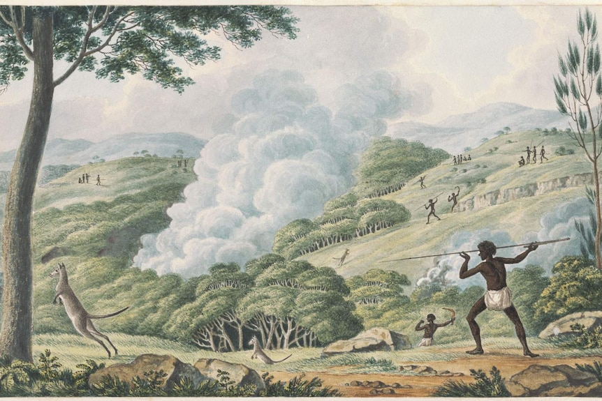 Aborigines using fire to hunt kangaroos by Joseph Lycett, approximately 1775-1828.