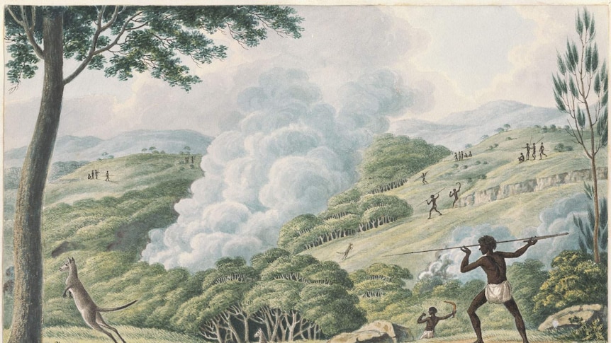 Aborigines using fire to hunt kangaroos by Joseph Lycett, approximately 1775-1828.