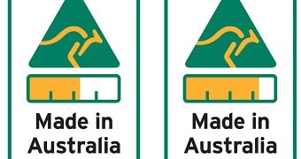 Two Australian Made labels showing percentage of product made in Australia.