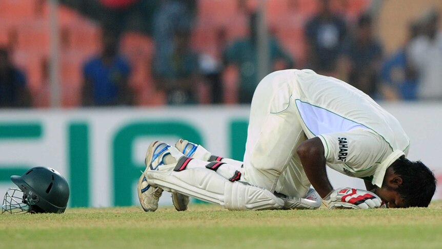 Dream debut ... Bangladeshi tailender Abul Hasan bows after scoring his century.