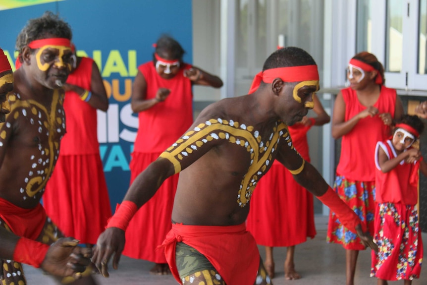 Aboriginal people perform at the launch of the National Indigenous Tennis Carnival