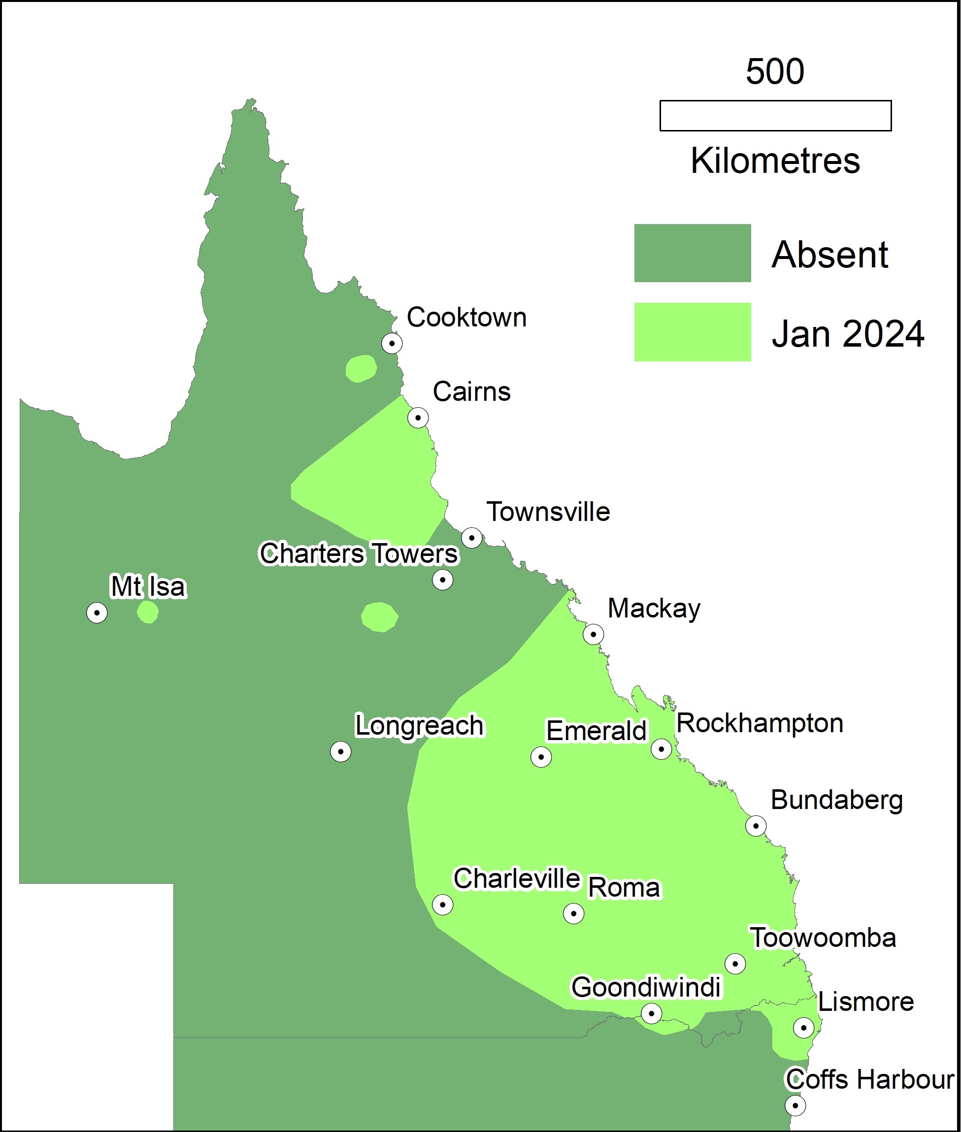 A map showing that pasture dieback has now been found at Mount Isa and much of Queensland and Northern New South Wales.