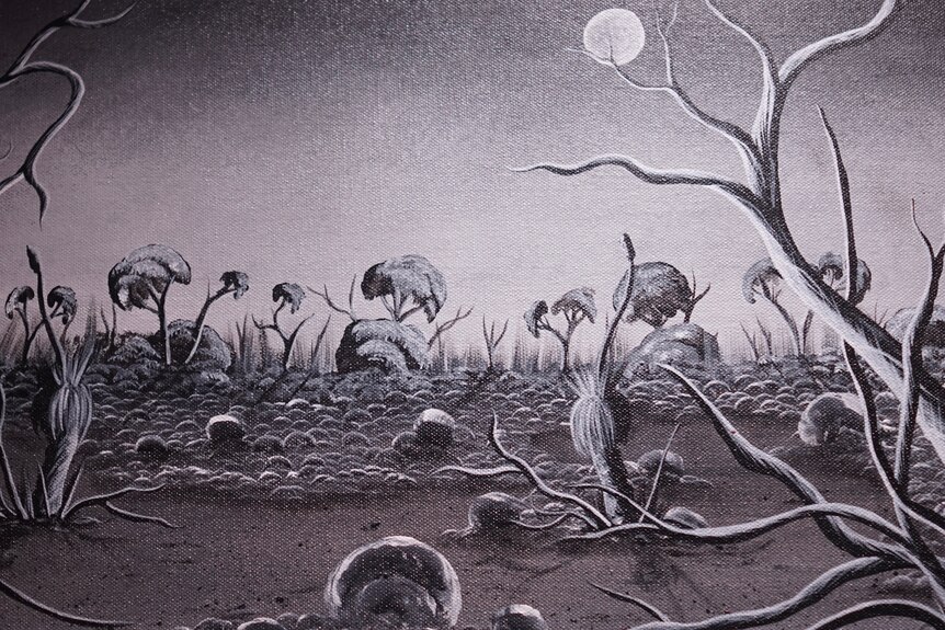 A black and white painting of an outback landscape. 