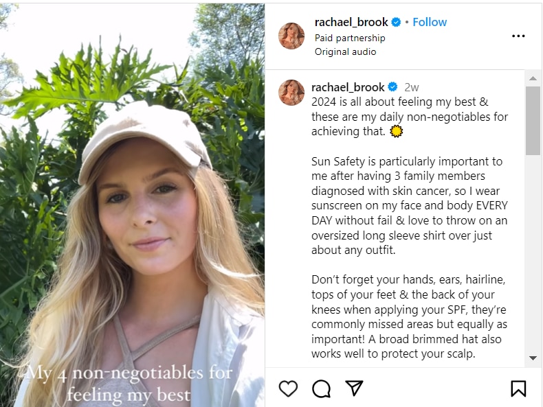 Screenshot of an Instagram post showing a young woman with blonde hair, next to a long caption about sun safety.