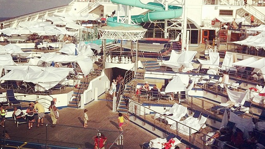 Tents set up on the deck of Carnival cruise ship Triumph