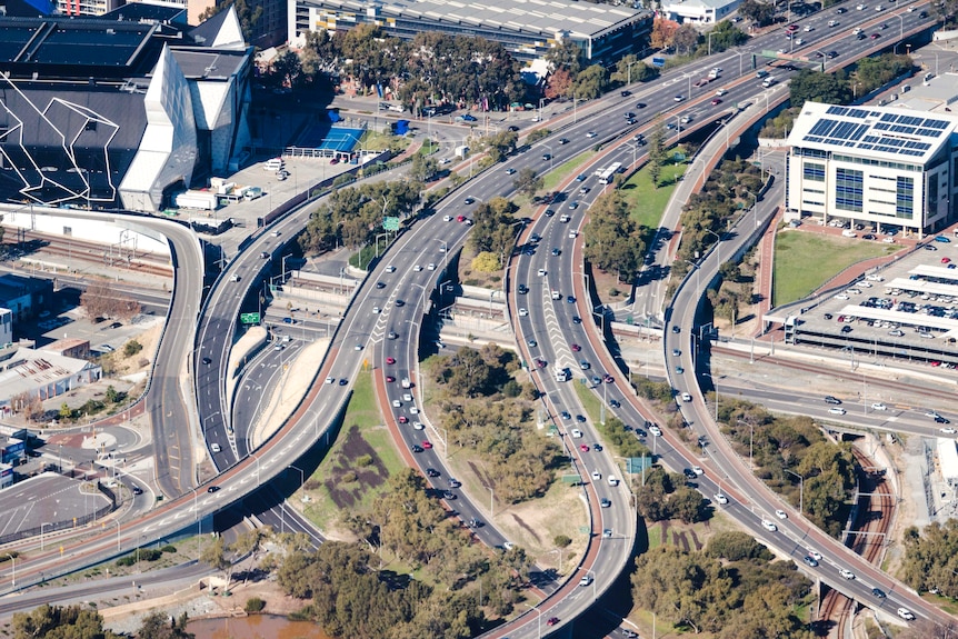 Freeways as seen from the air in central Perth. 
