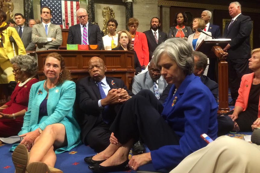 Democratic members of the House staging a sit-in on the House floor.