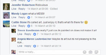 Screenshot from Facebook showing debate over new public art in Byron Bay