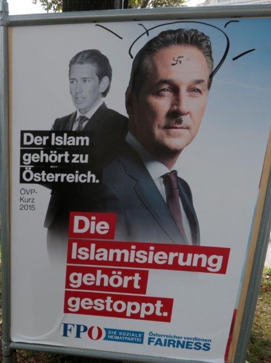 A defaced Freedom Party election poster reads "Islam must be stopped".