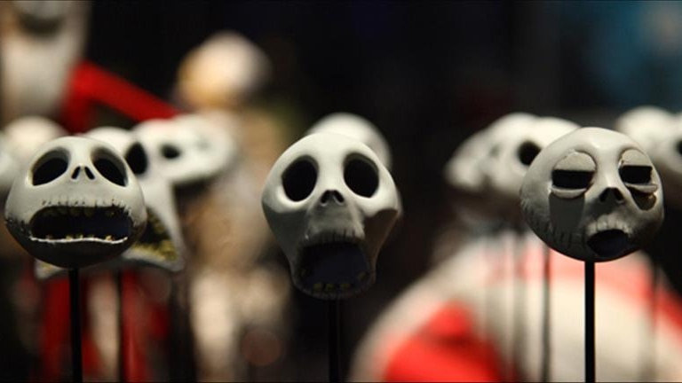 Skull figures from Tim Burton's Nightmare Before Christmas on display at Melbourne's ACMI