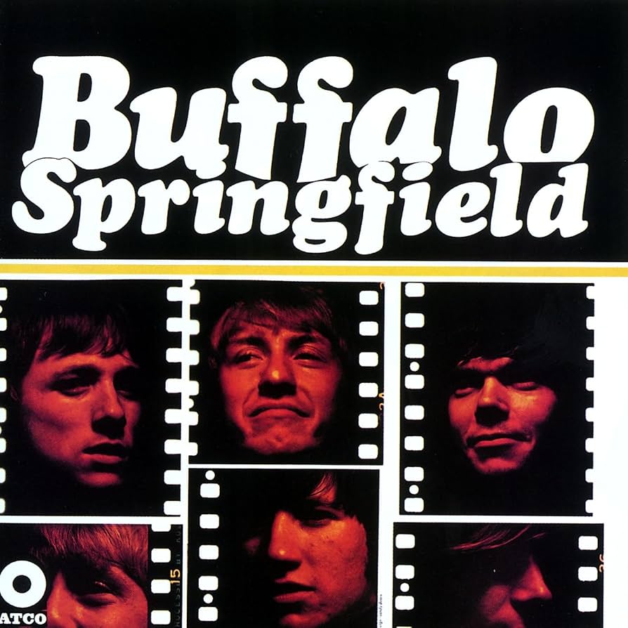 The cover of Buffalo Springfield features headshots of the band members, pictured as if on film stock