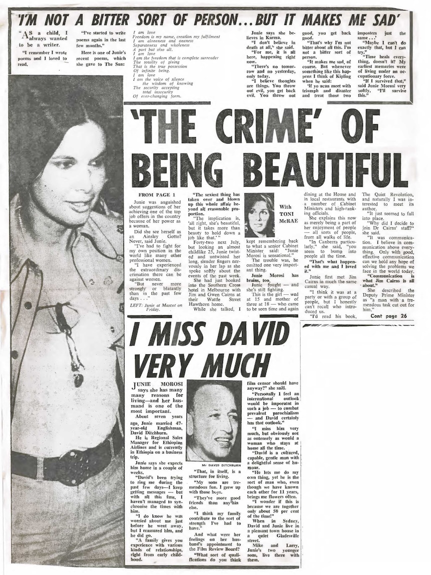 Newspaper article with photo of Morosi and headline 'The crime' of being beautiful.