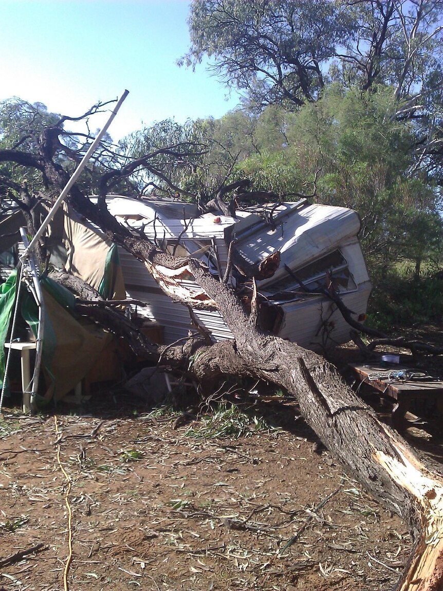 Severe thunderstorms caused wide damage, including to this caravan at Morgan
