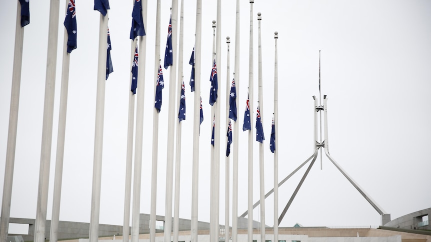 Rows of flagpoles carry flags sitting at half mast, Parliament House visible in the background with a lowered flag.