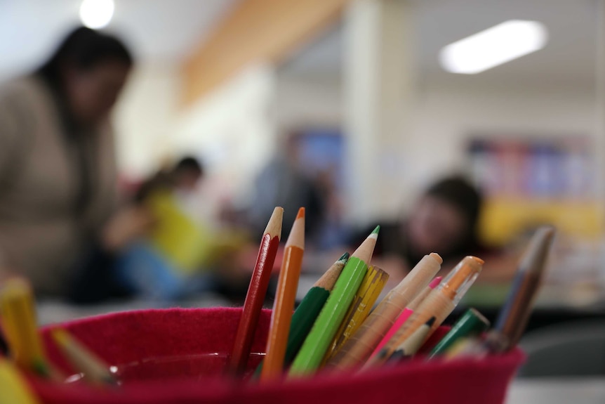 coloured pencils in a red felt container with out-of-focus primary school students in the background
